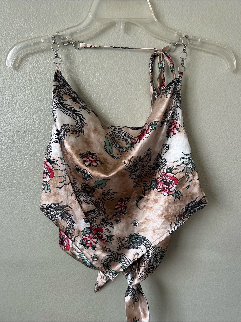 Justify Satin Dragon & Floral Handkerchief Crop Top in Tan, Black, Pink, Green